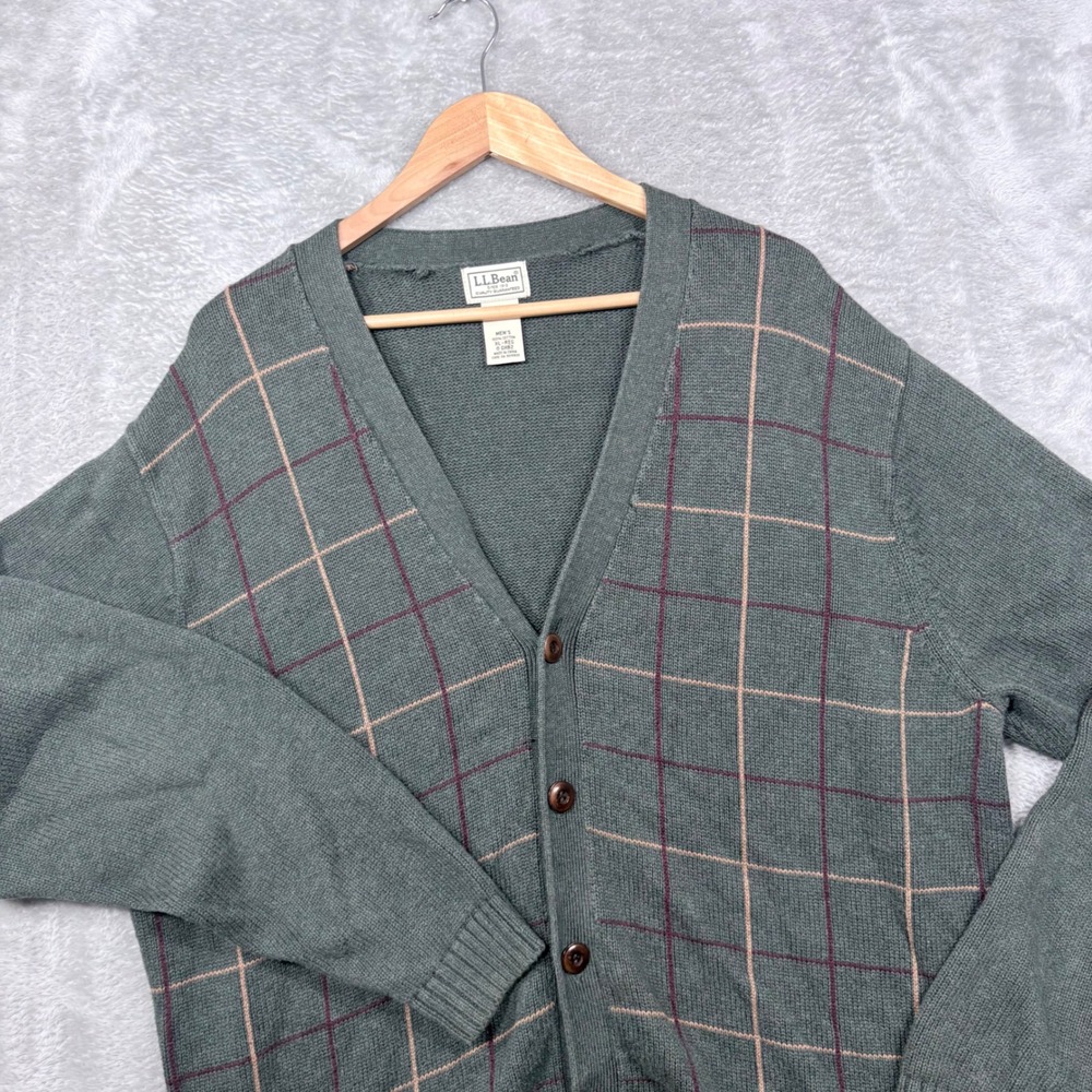 LL Bean Cardigan Sweater Mens XL Green Windowpane Plaid Cotton Knit V-Neck
